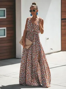 Floral Maxi Dress Sleeveless V Neck Split Summer Dress #429646