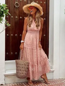 Maxi Dresses Apricot Sleeveless V-Neck Polyester Floor Length Summer Dress Boho Dress #479864