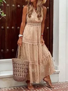Maxi Dresses Apricot Sleeveless V-Neck Polyester Floor Length Summer Dress Boho Dress