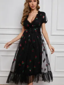 Maxi Dresses Short Sleeves Pink Printed V-Neck Tulle Strawberries Print Lace Up Long Dress #942406