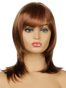 Medium Wigs Synthetic Wigs Women's Wigs Coffee Brown Blunt Fringe Heat-resistant Fiber Medium Woman's Medium Wig