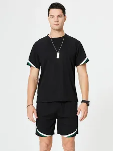 Men's Activewear 2-Piece Color Block Short Sleeves Jewel Neck Black #495684