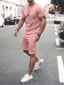 Men's Activewear 2-Piece Short Sleeves Jewel Neck Pink #484273