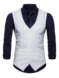 Men Suit Vest V Neck Cotton Linen Pocket Regular Fit Casual Waistcoat #424550