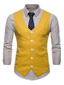 Men Suit Vest V Neck Cotton Linen Pocket Regular Fit Casual Waistcoat #424552
