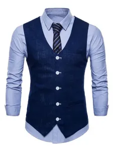 Men Suit Vest V Neck Cotton Linen Pocket Regular Fit Casual Waistcoat #424555