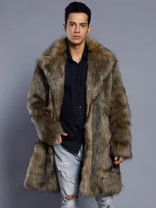Brown Faux Fur Coat Men Overcoat Turndown Collar Long Sleeve Winter Coat #420134