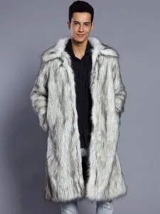 Faux Fur Coat White Long Sleeve Turndown Collar Men Winter Coat #420010
