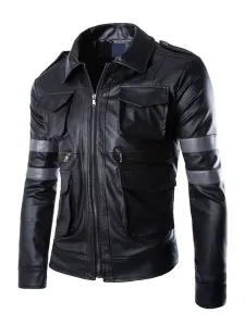Men Leather Jackets PU Leather Long Sleeves Windbreaker Black Winter Coats #520598
