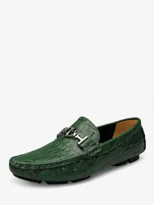 Mens Green Loafers Shoes Round Toe Leather Driving Shoes #422365