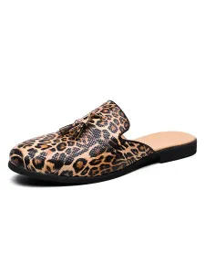 Mens Mules Slip-On Artwork Leather Rubber Sole Leopard Slippers #451103