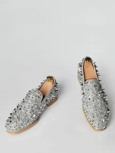 Mens Silver Spike Loafers with Rivets Prom Party Wedding Shoes #488085