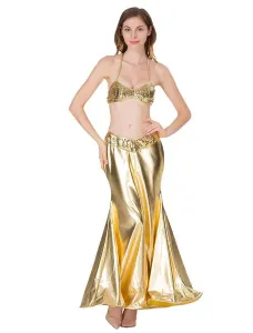 Gold Mermaid Costume Women Sexy Fishtail Set Metallic Halter Bra And Skirt Halloween #430481