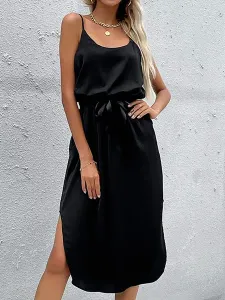 Women Midi Dress Polyester Straps Neck Sleeveless Casual Black Summer Dress #928981