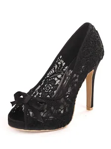 Women's Wedding Lace Bows Peep Toe Stiletto Heel Bridal Shoes #454750