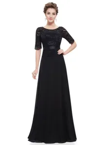 Black Evening Dresses Lace Applique Mother Of The Bride Dresses Chiffon Jewel Neck Half Sleeve A Line Floor Length Wedding Guest Dresses #414746