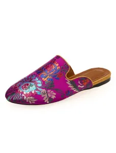 Womens Satin Flat Mules Round Toe Floral Embroidered Mules #429448