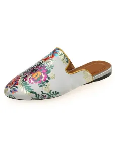 Womens Satin Flat Mules Round Toe Floral Embroidered Mules