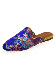 Womens Satin Flat Mules Round Toe Floral Embroidered Mules #429466