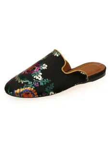 Womens Satin Flat Mules Round Toe Floral Embroidered Mules #429475