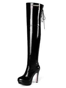 Over The Knee Boots Womens Patent Bright Leather Lace Up Round Toe Stiletto Heel Boots #420566