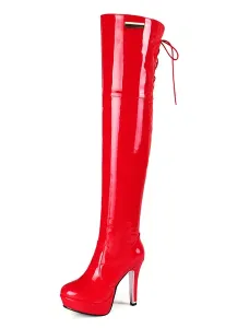 Over The Knee Boots Womens Patent Bright Leather Lace Up Round Toe Stiletto Heel Boots #420576