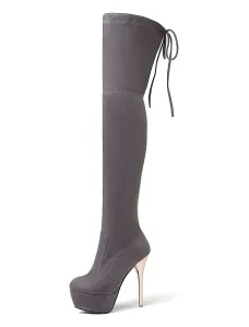Platform Thigh High Boots Womens Elastic Fabric Almond Toe Stiletto Heel Over The Knee Boots #426439