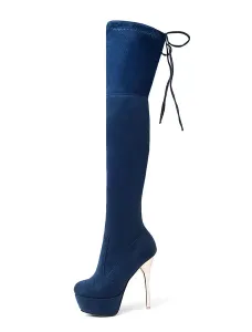 Platform Thigh High Boots Womens Elastic Fabric Almond Toe Stiletto Heel Over The Knee Boots #426448