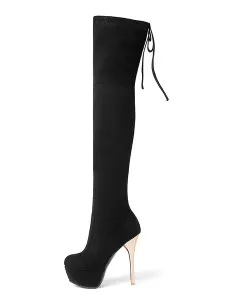 Platform Thigh High Boots Womens Elastic Fabric Almond Toe Stiletto Heel Over The Knee Boots #426457