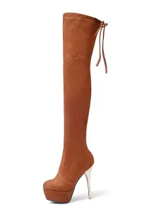Platform Thigh High Boots Womens Elastic Fabric Almond Toe Stiletto Heel Over The Knee Boots #426475