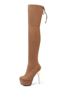 Platform Thigh High Boots Womens Elastic Fabric Almond Toe Stiletto Heel Over The Knee Boots #426484