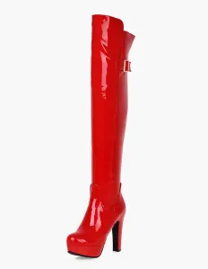 Platform Thigh High Boots Womens Round Toe Chunky Bright Leather Heel Boots #406472