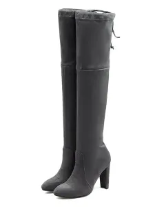 Thigh High Boots Womens Suede Lace Up Pointed Toe Chunky Heel Over The Knee Boots #417903