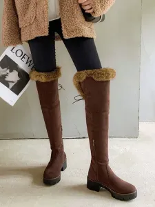 Women Over The Knee Boots Black Suede Round Toe Fur Detail Flat Boots