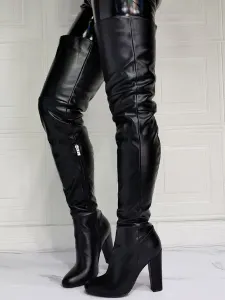 Women thigh high Boots PU Leather Black Sky High Chunky Heel Over The Knee Boots #469217