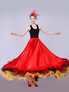 Flamenco Girls Yellow Mesh Billowing Dancing Skirt Adults Spanish Dancer Ballroom Dress Paso Doble Costumes Carnival