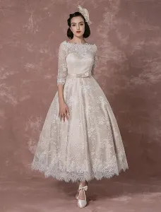 Lace Wedding Dress Vintage Bateau Champagne Half Sleeves Bridal Gown A Line Backless Tea Length Sash Reception Bridal Dress Free Customization #414015