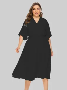 Plus Size Maxi Dress Apricot Long Sleeves V-Neck Polyester Oversized Long Dress #484534