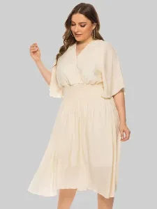 Plus Size Maxi Dress Apricot Long Sleeves V-Neck Polyester Oversized Long Dress