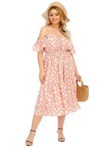 Plus Size Sky Blue Dress Straps Neck Short Sleeves Floral Print Pattern Polyester Tea Length Summer Dress #483693