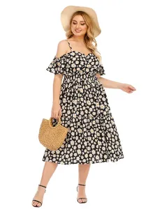 Plus Size Sky Blue Dress Straps Neck Short Sleeves Floral Print Pattern Polyester Tea Length Summer Dress #483694