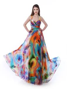 Long Prom Dresses 2023 African Print Prom Dress Halter Floral Print Cross Back Chiffon Party Dress Milanoo #413169