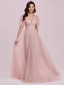 Pink Prom Dress A-Line V-Neck Short Sleeves Backless Tulle Floor-Length Wedding Guest Dresses #483524