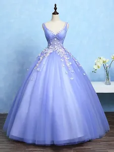 Violet Quincenera Dresses V Neck Ball Gown Illusion Waist Boned Sleeveless Flowers Beading Floor Length Princess Pageant Dresses Free Customization