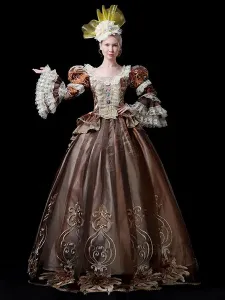 18th Century Retro Costumes Coffee Brown Polyester Embroidered Marie Antoinette Costume Set With Headwear #468977