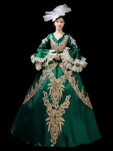 Retro Costumes Dark Green Embroidered Polyester Headwear Dress Marie Antoinette Costume Set Vintage Clothing #468993