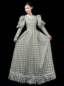 Sage Retro Costumes Polyester Green Plaid Dress Marie Antoinette Costume Vintage Clothing