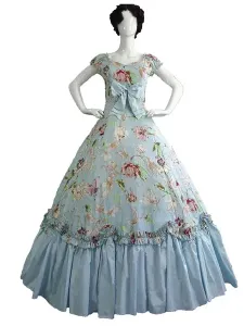 Victorian Dress Costme Women's Racoco Floral Print Marie Antoinette Costume Short Sleeves Light Sky Blue Ball Gown Victorian era Clothing Costumes hal #445291