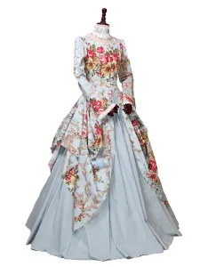 Victorian Dress Costme Women's Sateen Light Sky Blue Floral Print Marie Antoinette Ball Gown trumpet Long Sleeves with Choker Victorian Era Clothing C #445284