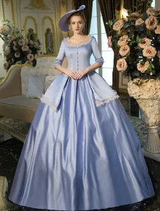 Victorian Dress Costume Blue Half Sleeves Squared Neckline Tunic Pleated Ball Gown Victorian era Clothing Costumes Dress Halloween #413221